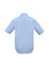 A light blue short sleeve button-up shirt with a back yoke and curved hem. Features a logo on the back.