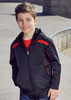 A black hoodie with red accents and a zipper, worn by a young boy. The hoodie features a hood and front pockets.
