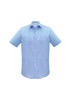 A light blue short sleeve button-up shirt with a pocket and a logo on the collar.
