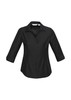 A black women's button-up shirt with 3/4 sleeves and a collar, featuring a subtle textured design.