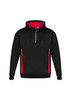 A black unisex hoodie with red accents and a zippered neckline, featuring a logo on the front.