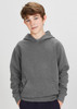 A grey kids' hoodie featuring a front pocket and a hood, suitable for casual wear. It includes a logo.