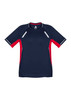 A men's short sleeve tee in navy with red accents and reflective detailing, featuring a logo.