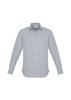A long sleeve button-up shirt in a grey and white striped pattern, featuring a collar and buttons.