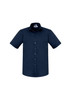A navy short sleeve button-up shirt featuring a collar and a chest pocket, with a logo on the tag.