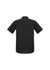 A black short sleeve button-up shirt with a collar, featuring a back view and a branding logo.