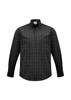 A black and grey plaid long sleeve button-up shirt with a chest pocket and a collar. It features a logo.