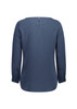 A back view of a women's navy blue boatneck top with long sleeves and a button detail at the neck.