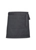 A dark grey waist apron featuring a tie waist closure and a large front pocket. It has a subtle textured design and includes a logo.