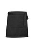 A black waist apron featuring a front pocket and a tie at the waist, with a discreet logo.