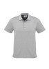 A grey short sleeve polo shirt with a collar and a logo on the chest.