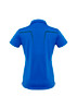 A blue women's short sleeve polo shirt featuring a back design with black detailing and a logo.