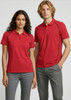 A red women's short sleeve polo shirt with contrasting seams, displayed on a model, alongside a male version in the same style.