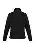 A black polar fleece women's jacket featuring a high collar and long sleeves, with a logo on the back.