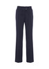 A pair of black slacks with a smooth finish and two front buttons. Features a tailored fit and straight leg design.