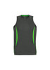 A men's singlet in dark grey with green accents and a logo.
