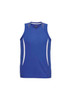 A blue men's razor singlet featuring white side panels and a crew neckline. It has a logo on the front.