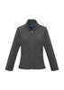 A soft shell women's jacket in a dark grey colour, featuring a collar and full zip, with side pockets and a logo.
