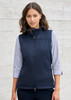 A women's softshell vest in navy blue, featuring a zip front and a high collar, with a fitted design.