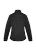 A women's softshell jacket in black, featuring a simple design and a branded logo on the back.