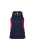 A navy and red sleeveless singlet featuring a logo, with contrasting side panels and a sporty design.