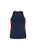 A navy singlet with red side panels and a racerback design, featuring a logo on the back.