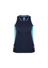A navy singlet with light blue side panels, featuring a logo and a sporty design.