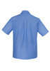 A back view of a short-sleeve men's chambray shirt in light blue, featuring a simple design and a logo.