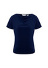 A navy blue women's top with a cowl neckline and short sleeves, featuring a logo.