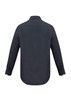 A men's long sleeve button-up shirt in dark grey, featuring a back view with rolled sleeves and a logo.