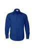 A blue men's long sleeve button-up shirt featuring a chest pocket and a logo on the label.