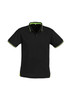 A black short sleeve polo shirt with green detailing and a logo on the chest.