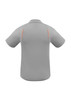 A grey short sleeve polo shirt with orange detailing and a logo on the back.