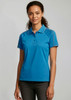 A blue women's short sleeve polo shirt with a logo on the chest and a sleek, modern design.