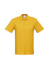 A yellow men's polo shirt featuring a collar and short sleeves, with a branding logo.
