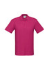 A magenta polo shirt with a classic collar and three buttons, featuring a logo on the chest.