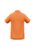 A back view of a short-sleeved, orange polo shirt with a collar and a logo.