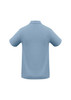 A light blue polo shirt with a collar, featuring short sleeves and a logo on the back.