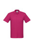 A magenta polo shirt with a classic collar and three buttons, featuring a logo on the chest.