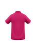 A magenta men's polo shirt with a collar and short sleeves, featuring a logo on the side.