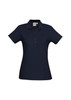 A navy blue ladies' polo shirt with a collar and button placket, featuring a logo.