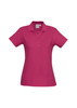 A magenta ladies polo shirt featuring a collared neck and button placket, with a logo on the label.