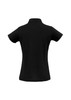 A black polo shirt for ladies featuring a classic design and a collar, with a logo on the front.