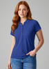 A ladies' polo shirt in vibrant blue, featuring a classic collar and short sleeves, with a logo on the chest.