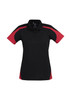 A black short sleeve polo shirt with red accents and a logo on the chest.