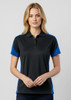 A black and blue women’s polo shirt featuring short sleeves and a collar, with a logo on the front.