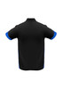 A black short sleeve polo shirt with blue accents and a logo on the front.