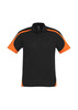 A black and orange men's short sleeve polo shirt, featuring a logo on the chest and contrasting side panels.