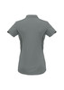 A women's short sleeve polo shirt in grey with black accents and a branded logo.