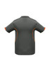A grey polo shirt with orange accents, featuring a logo on the left side. Short sleeves and a classic collar design.